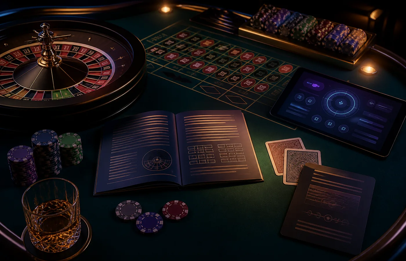 Mesa de jogos com regras sendo revisadas antes da jogada