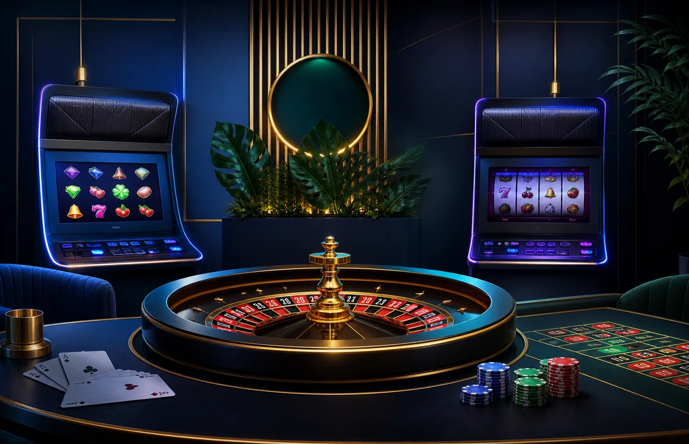 Slots, roleta e cartas em uma cena editorial de cassino online